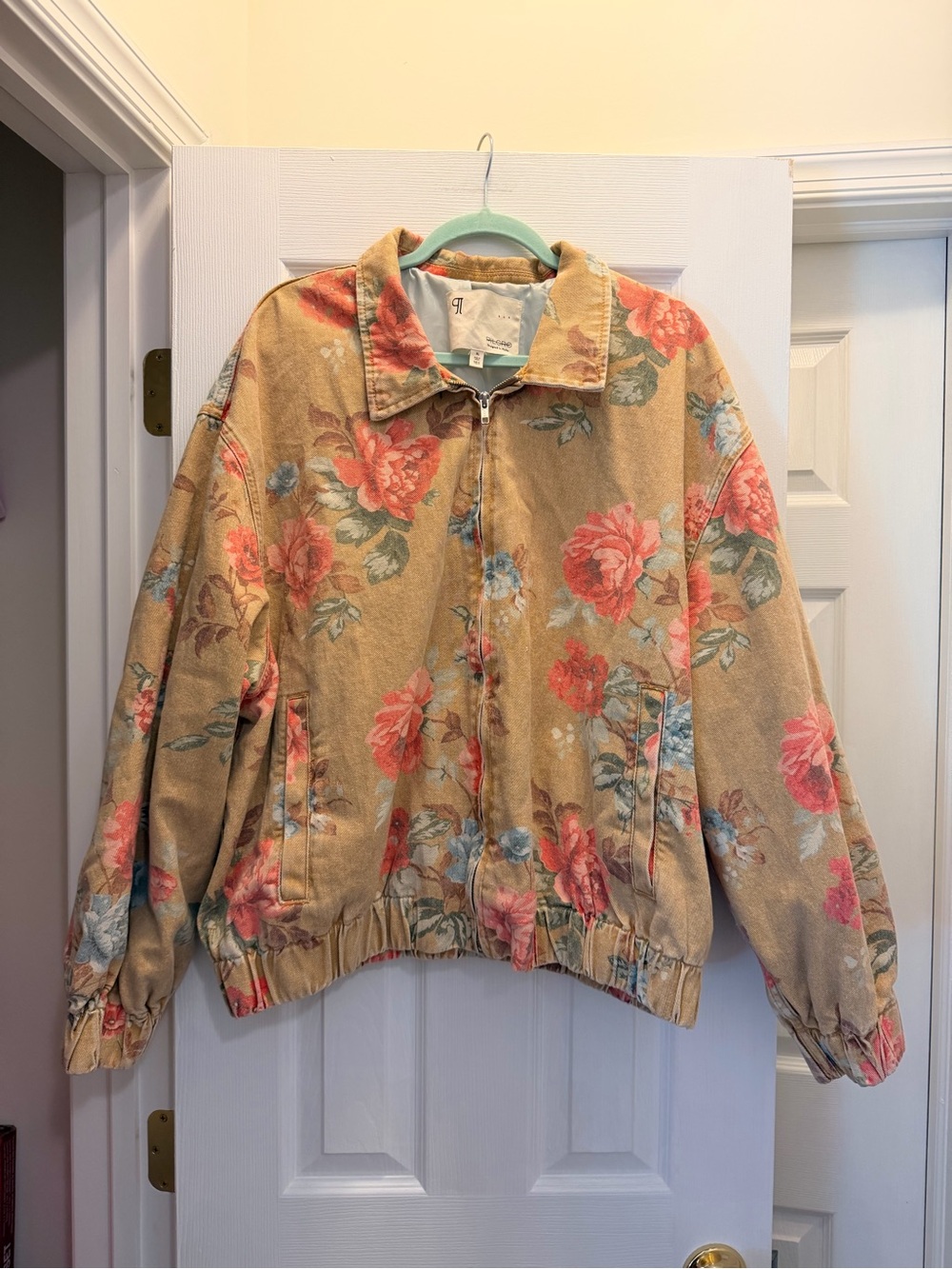 Pilcro Floral Zip Bomber Jacket - Beige with Pink & Blue Roses